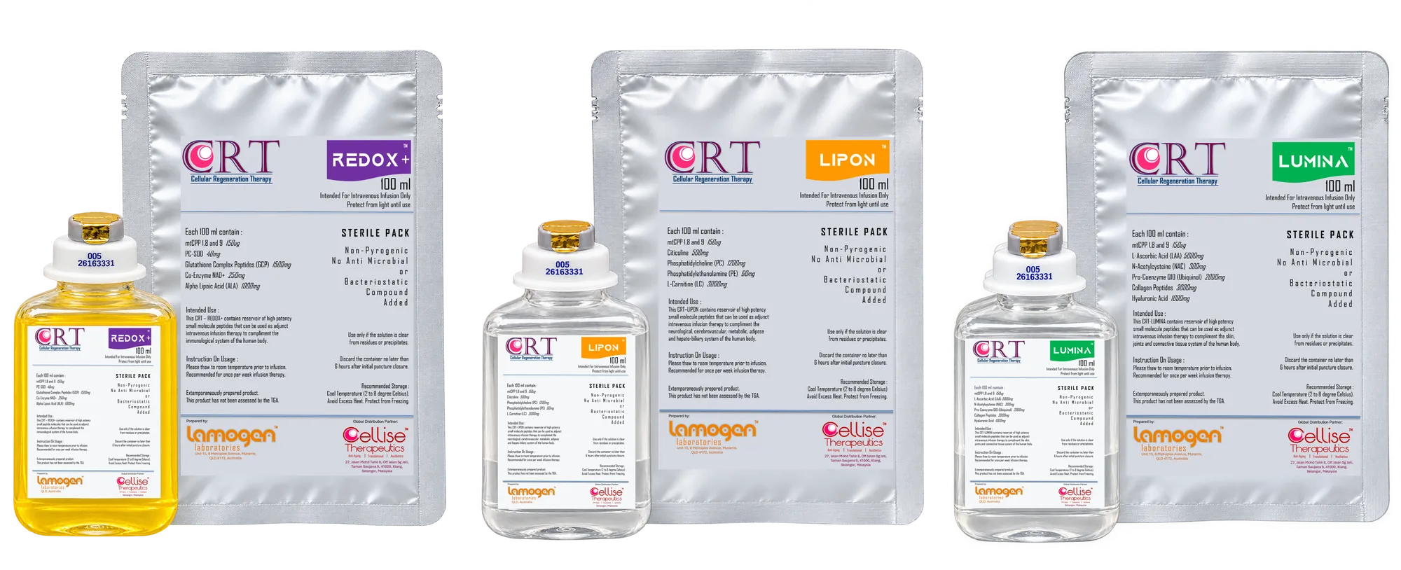 Botol infusi REDOX+, LIPON dan LUMINA, setiap satu di hadapan pek foil berlabelnya