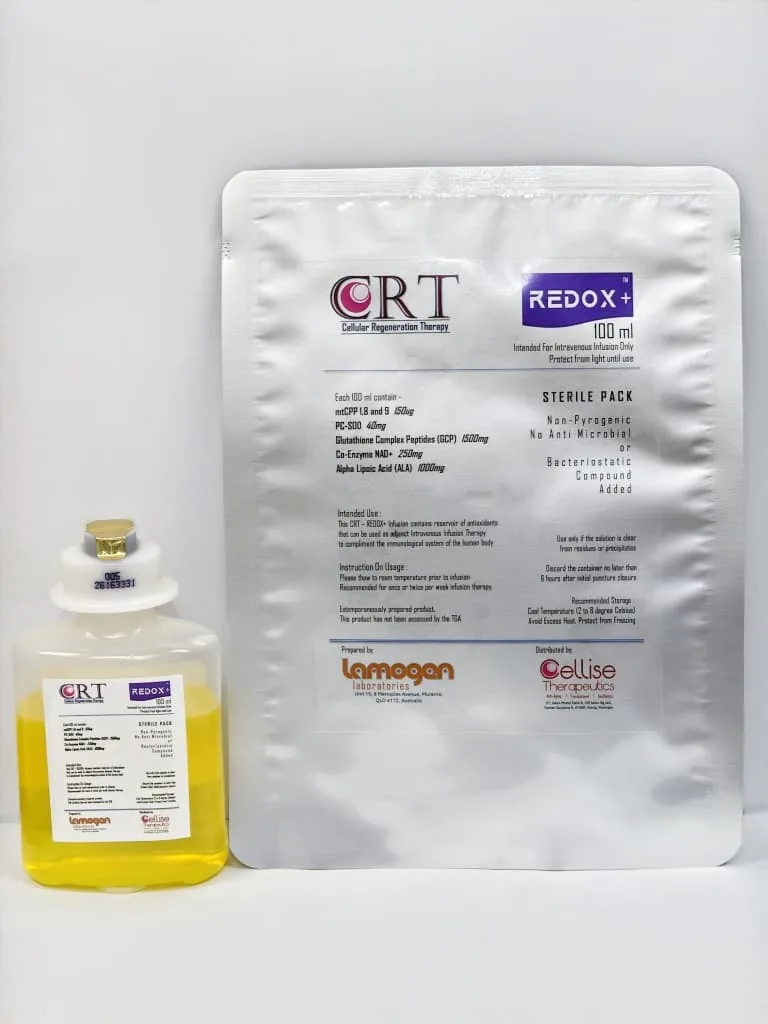 Botol REDOX+ berisi larutan kuning di sebelah pek foilnya
